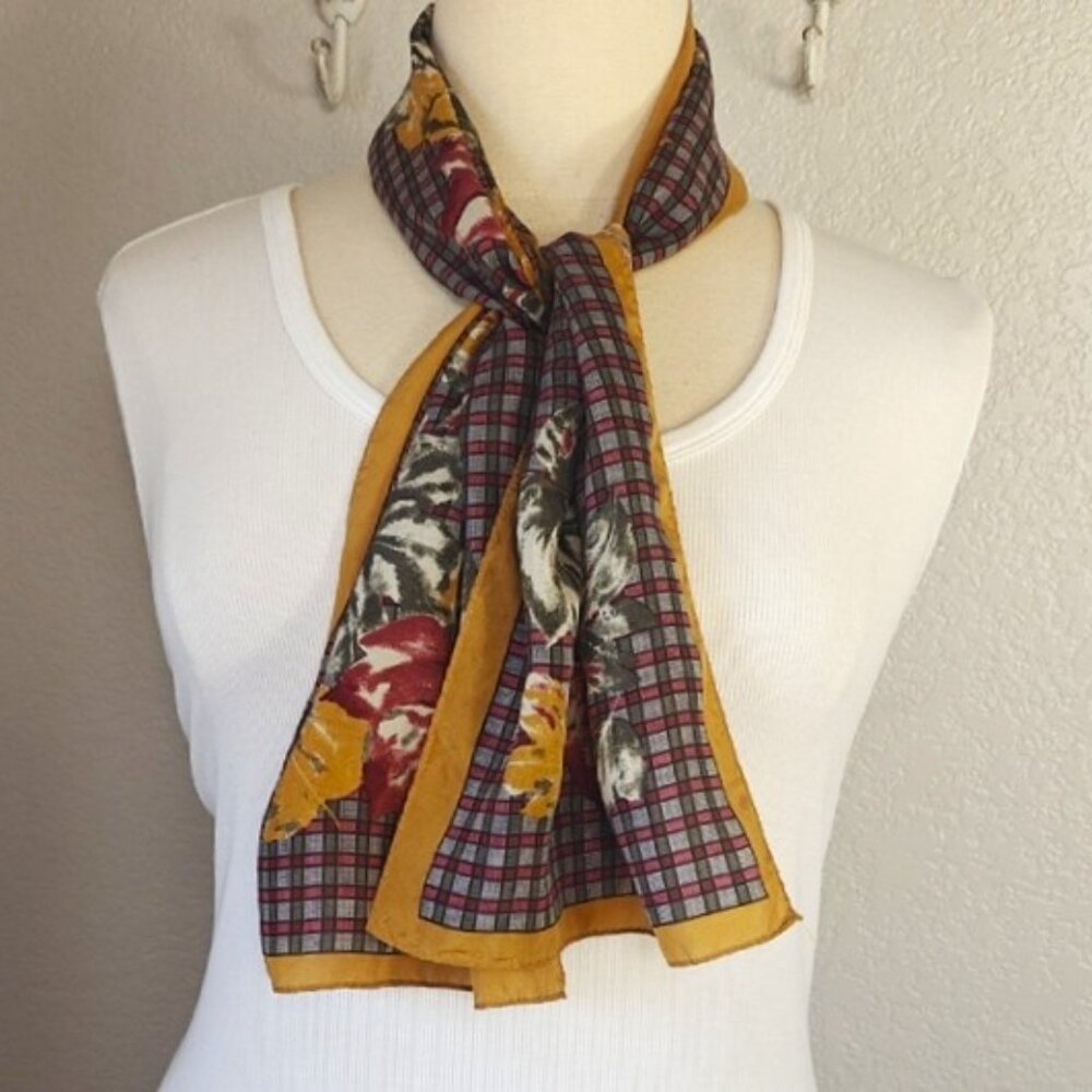 Jacqueline Ferrar Silk Scarf Floral Plaid Autumn Fall 80's Bohemian 50"x11"